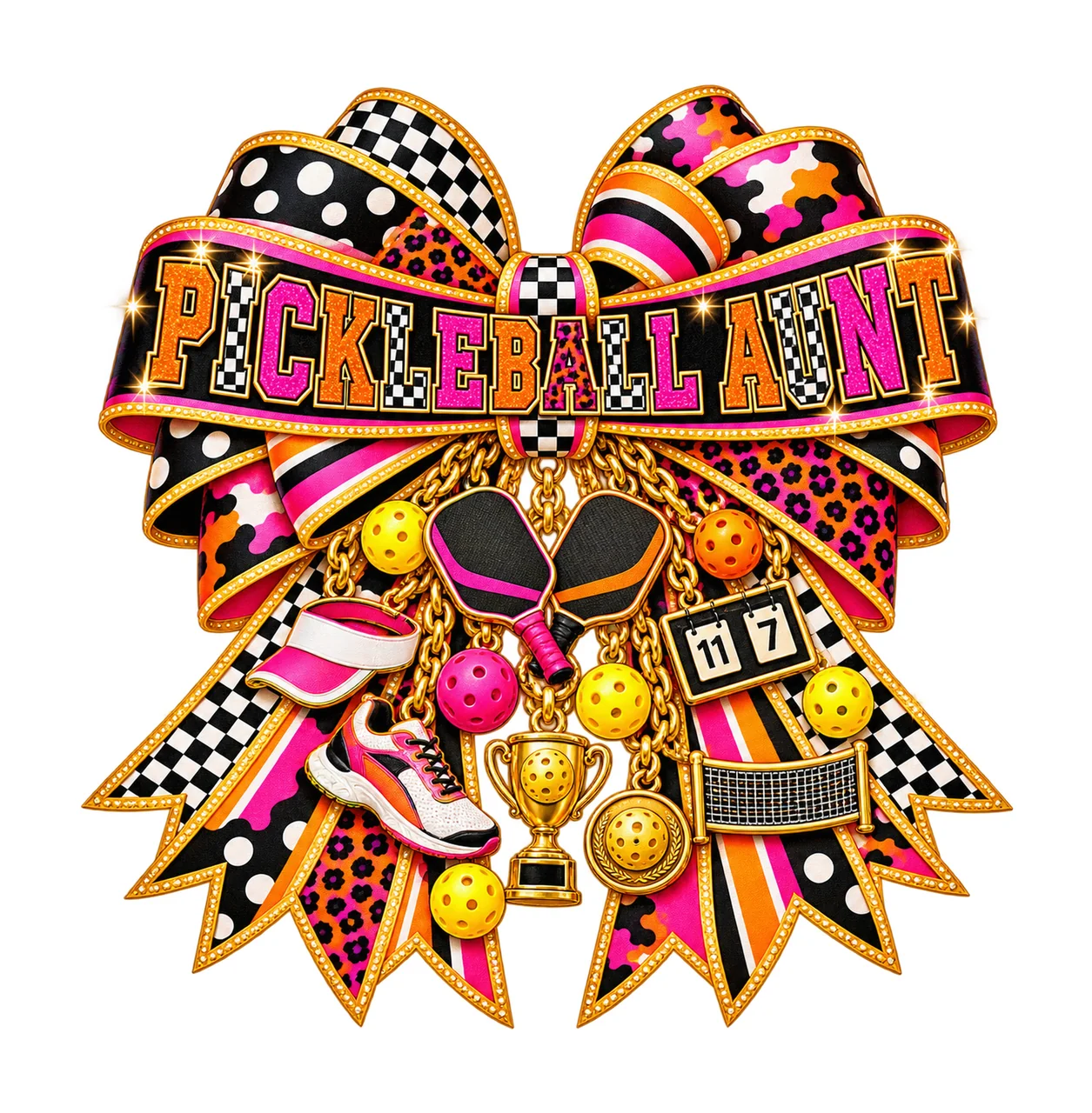 Pickleball Aunt Bow Charm PNG, Patterned Varsity Aunt Ribbon Clipart, Transparent Sublimation Digital Download