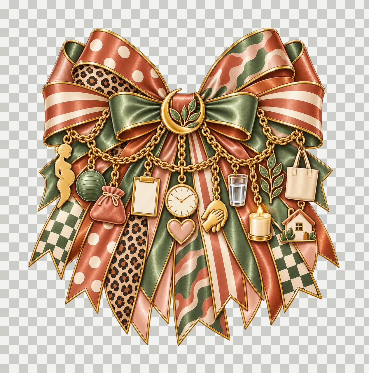 Doula Bow Charm PNG, Gold Chain Charms, Transparent Sublimation Design, Digital Download transparency and detail preview thumbnail