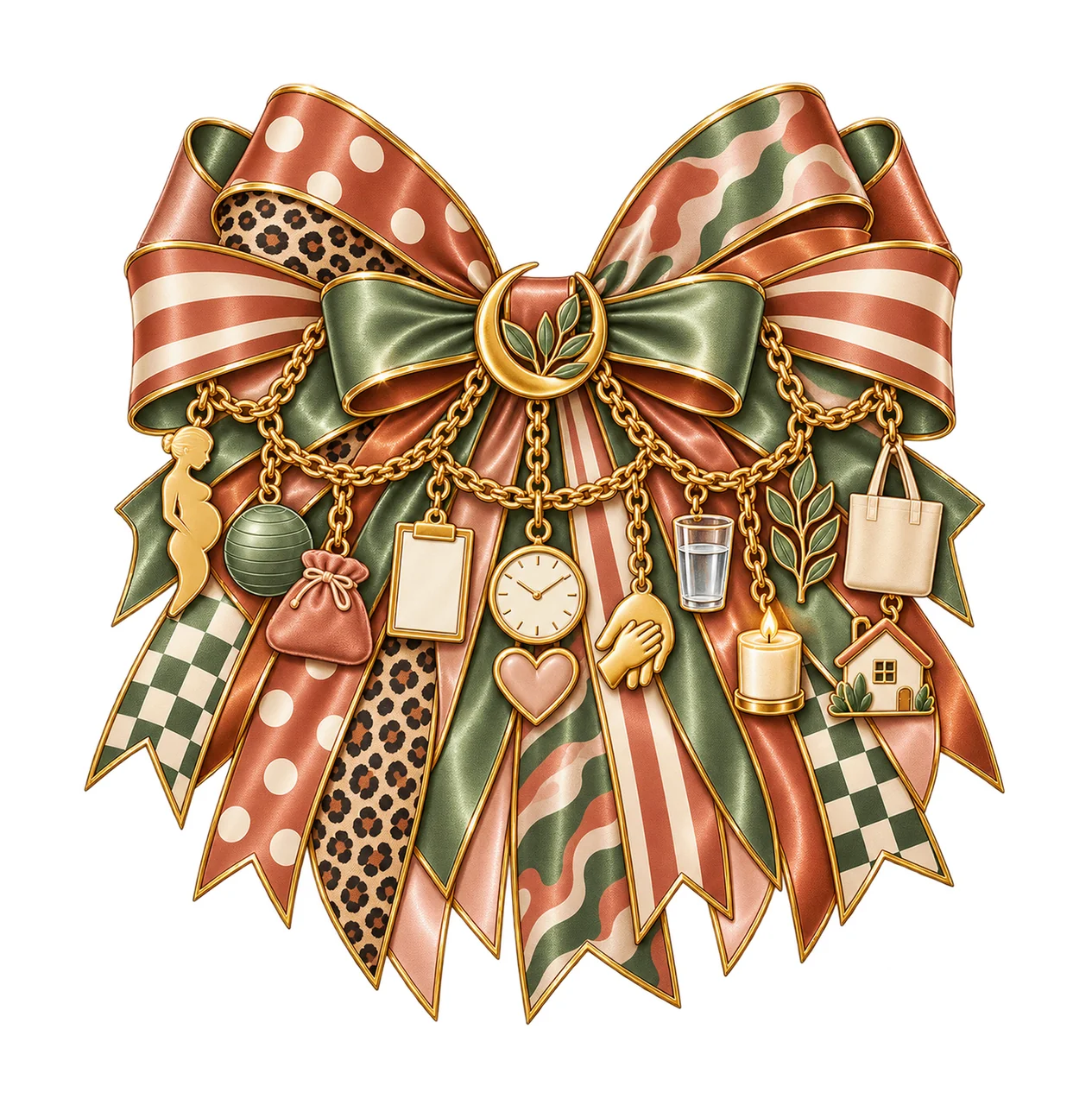 Doula Bow Charm PNG, Gold Chain Charms, Transparent Sublimation Design, Digital Download