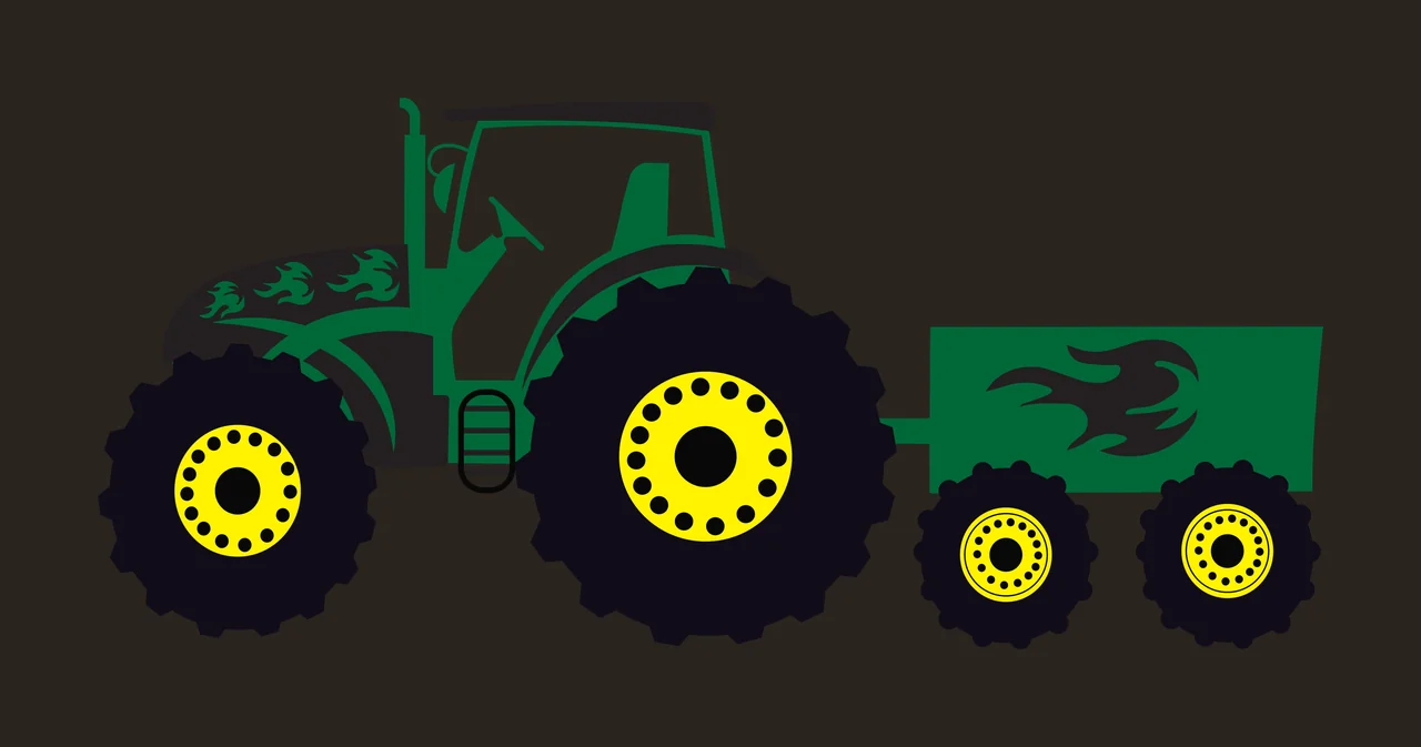 Tractor with trailer Illustration with flame decals, wheels, yellow rims and steering wheel in green and black contrast preview thumbnail