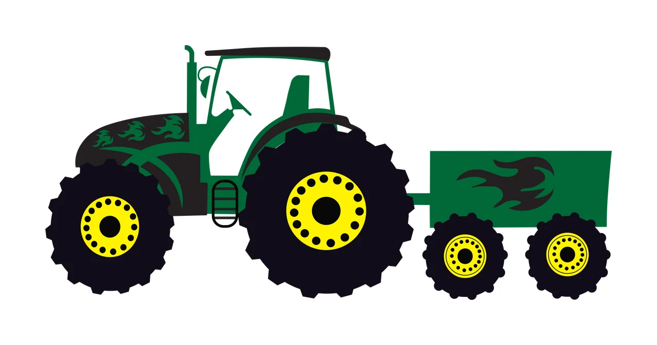 Tractor with trailer Illustration with flame decals, wheels, yellow rims and steering wheel in green and black