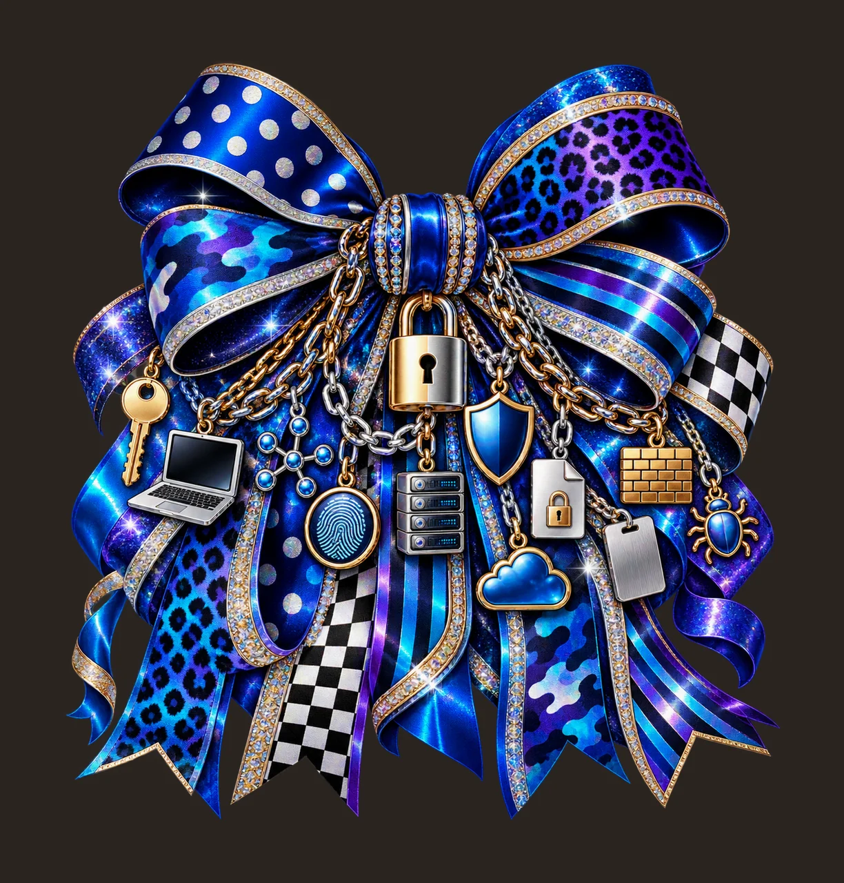 Cybersecurity Data Privacy Bow Charm PNG, Lock Shield Server and Fingerprint Charms, Tech Sublimation Design contrast preview thumbnail