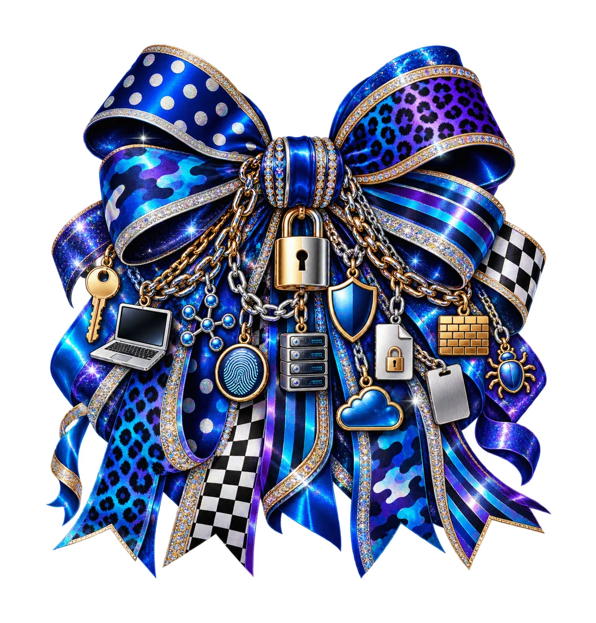 Cybersecurity Data Privacy Bow Charm PNG, Lock Shield Server and Fingerprint Charms, Tech Sublimation Design