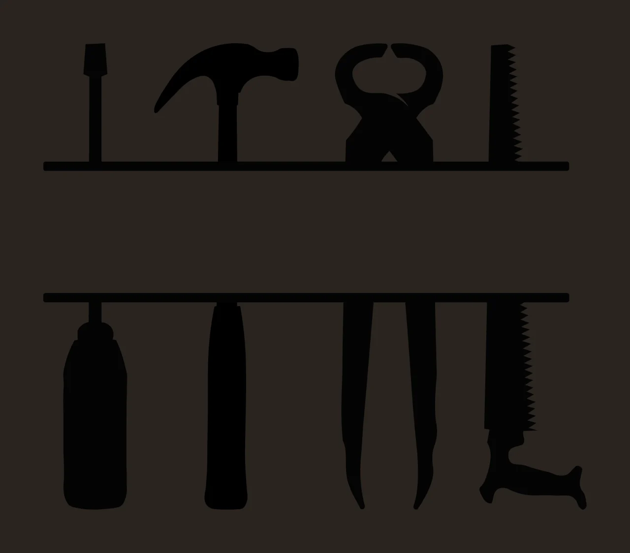Silhouette Design of tools split monogram frame with screwdriver, claw hammer, pincers and hand saw in black and white contrast preview thumbnail