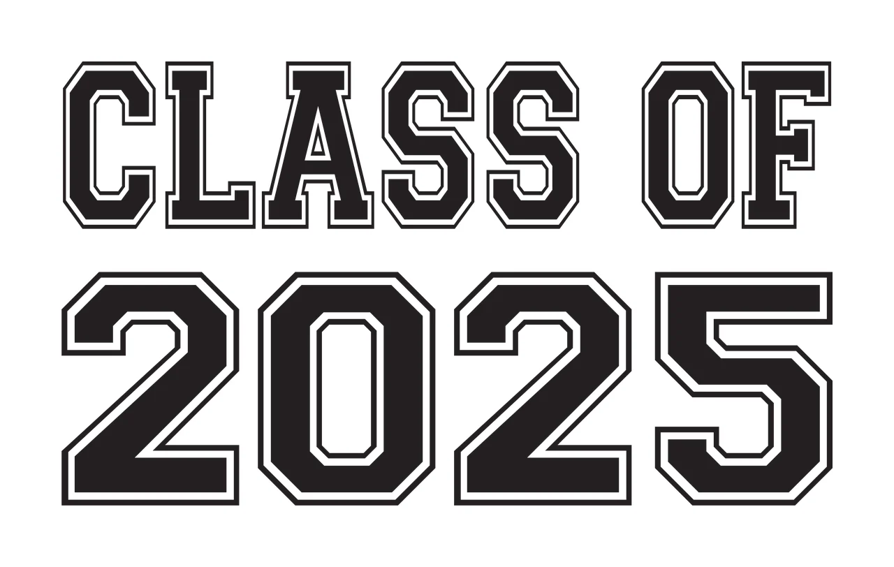 CLASS OF 2025 Typography Design with black text, white outline, bold block letters and two-line layout