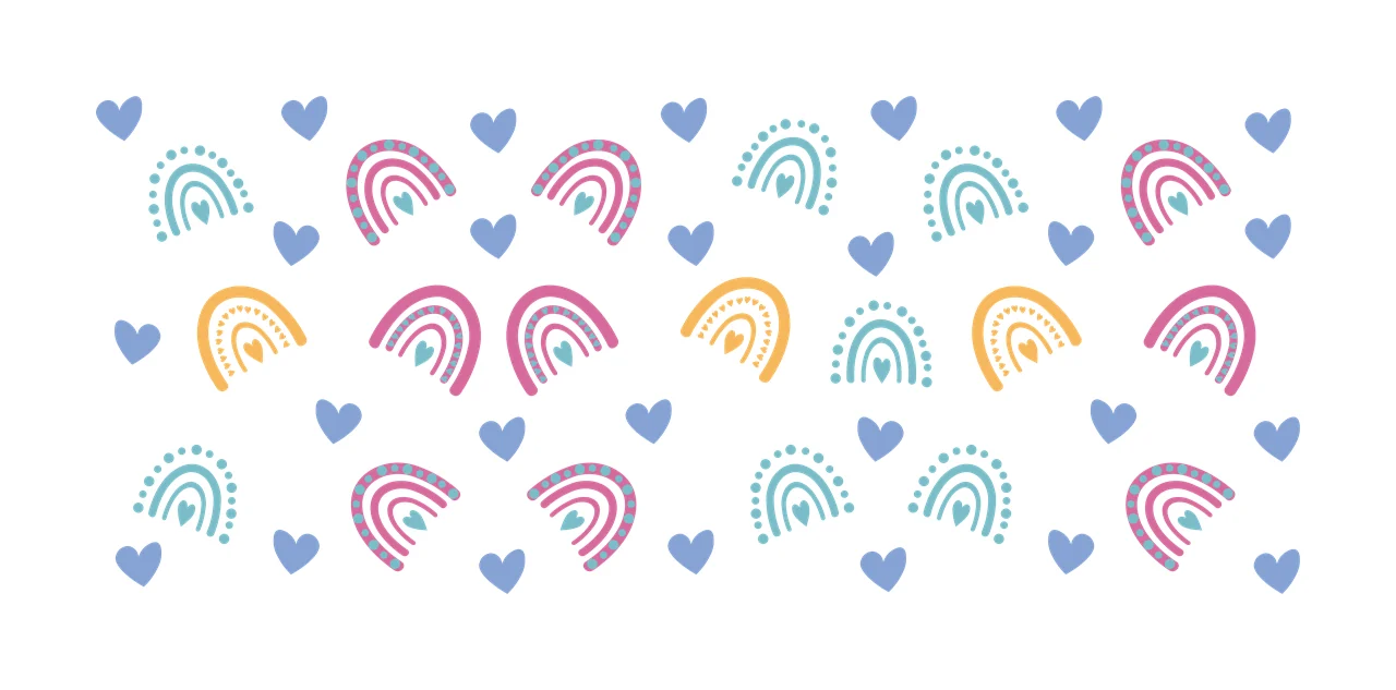 Cartoon Illustration of Rainbow and heart pattern design with blue hearts, rainbows with dots and small hearts, pink rainbows and orange rainbows