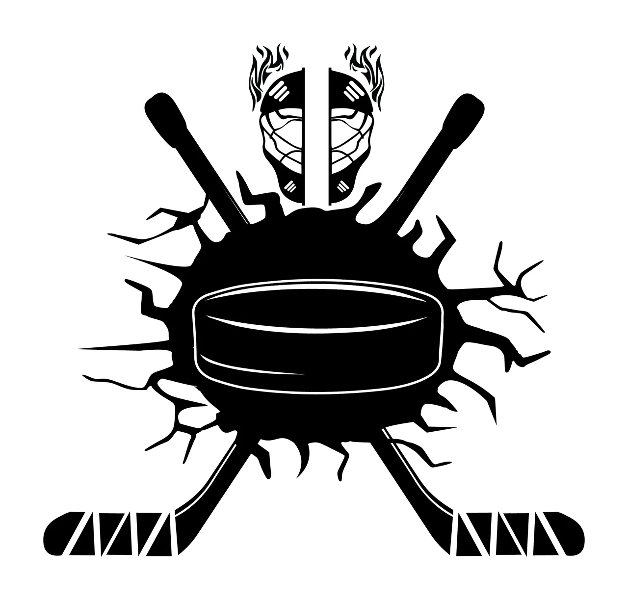 Hockey Puck And Sticks With Mask cracking flames black white
