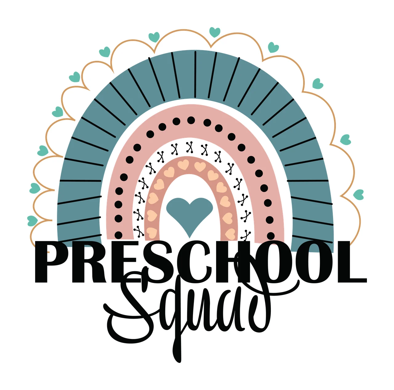 Rainbow Preschool Squad Text design hearts typographic black