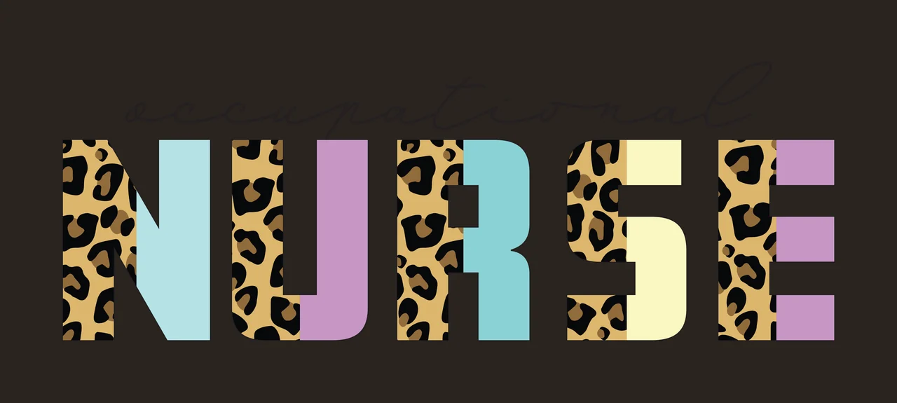 Occupational NURSE Typography Design with cursive text, block letters, leopard print pattern and pastel block fill in black, tan and brown contrast preview thumbnail