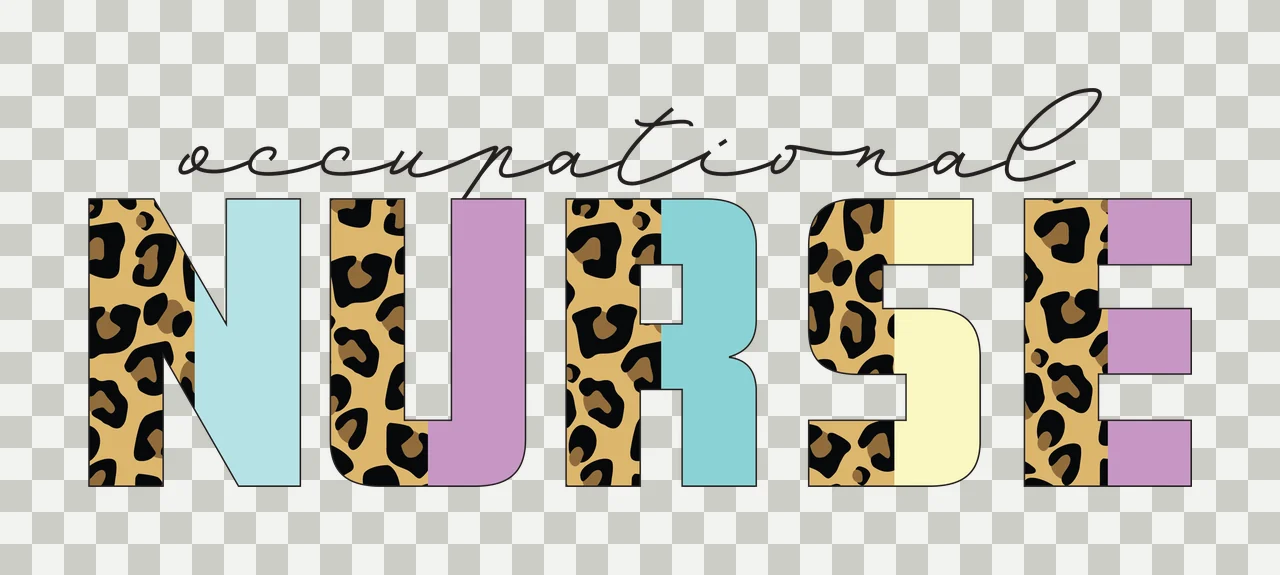 Occupational NURSE Typography Design with cursive text, block letters, leopard print pattern and pastel block fill in black, tan and brown transparency and detail preview thumbnail