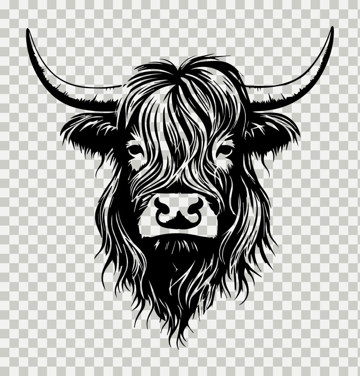 Highland Cow Head With Horns portrait fur ink illustration transparency and detail preview thumbnail
