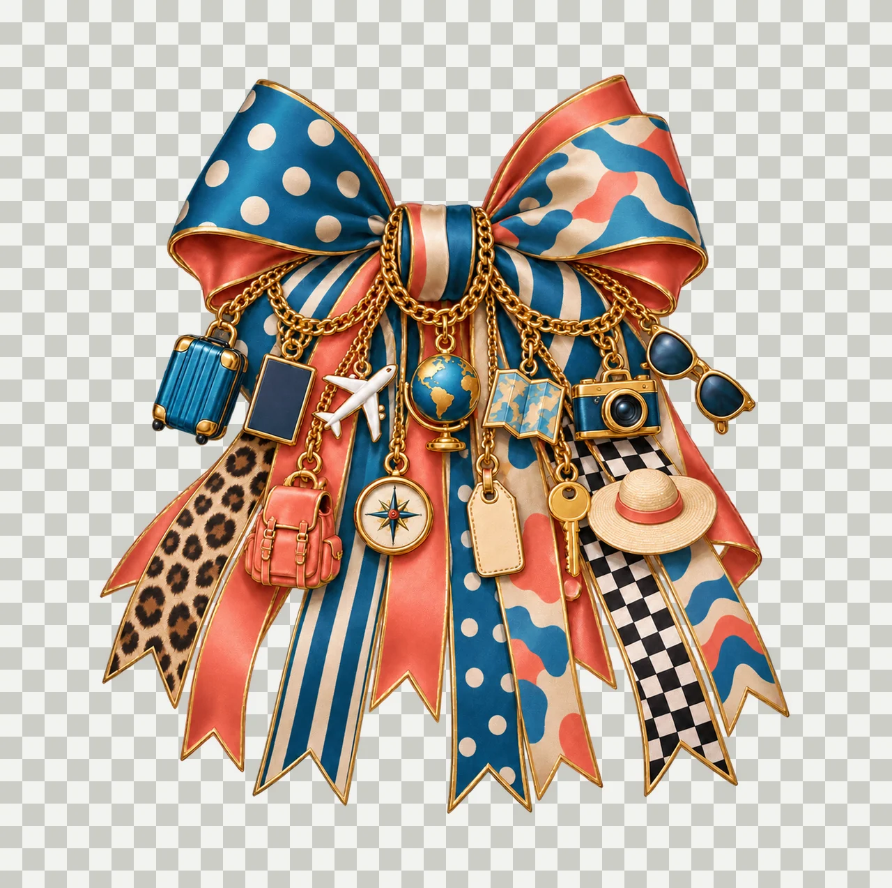 Travel Lover Bow Charm PNG, Gold Chain Charms, Transparent Sublimation Design, Digital Download transparency and detail preview thumbnail