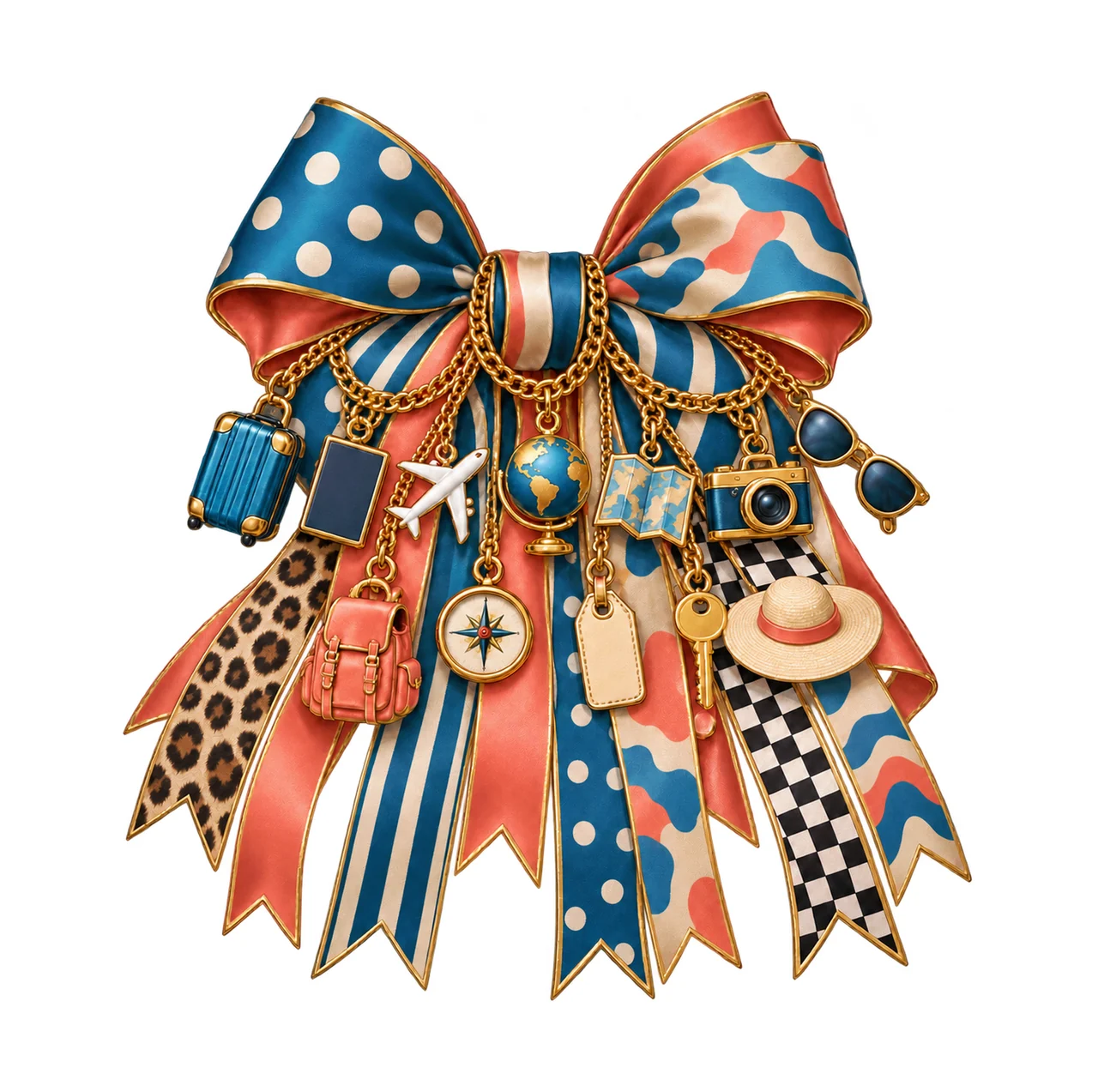 Travel Lover Bow Charm PNG, Gold Chain Charms, Transparent Sublimation Design, Digital Download