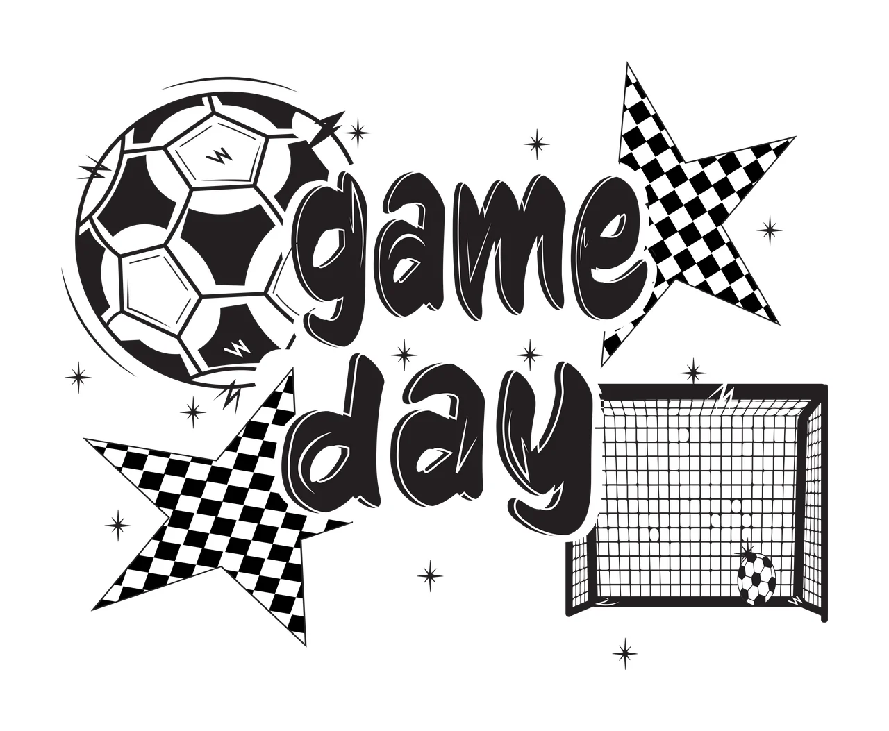 Game Soccer Ball Game Day And Goal lettering stars black sports