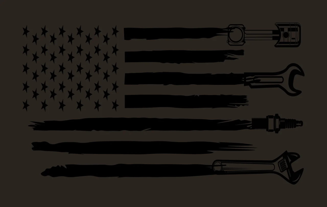 Silhouette Design of mechanic american flag with stars grid, distressed brush stroke stripes, piston and open-end wrench in black and white contrast preview thumbnail