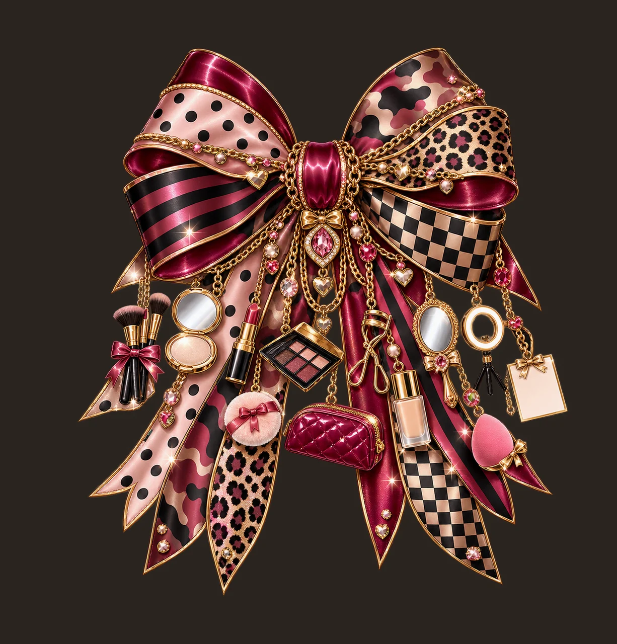Makeup Artist Bow Charm PNG, Themed Gold Chain Charms, Coquette Ribbon Sublimation Design, Transparent Digital Download contrast preview thumbnail