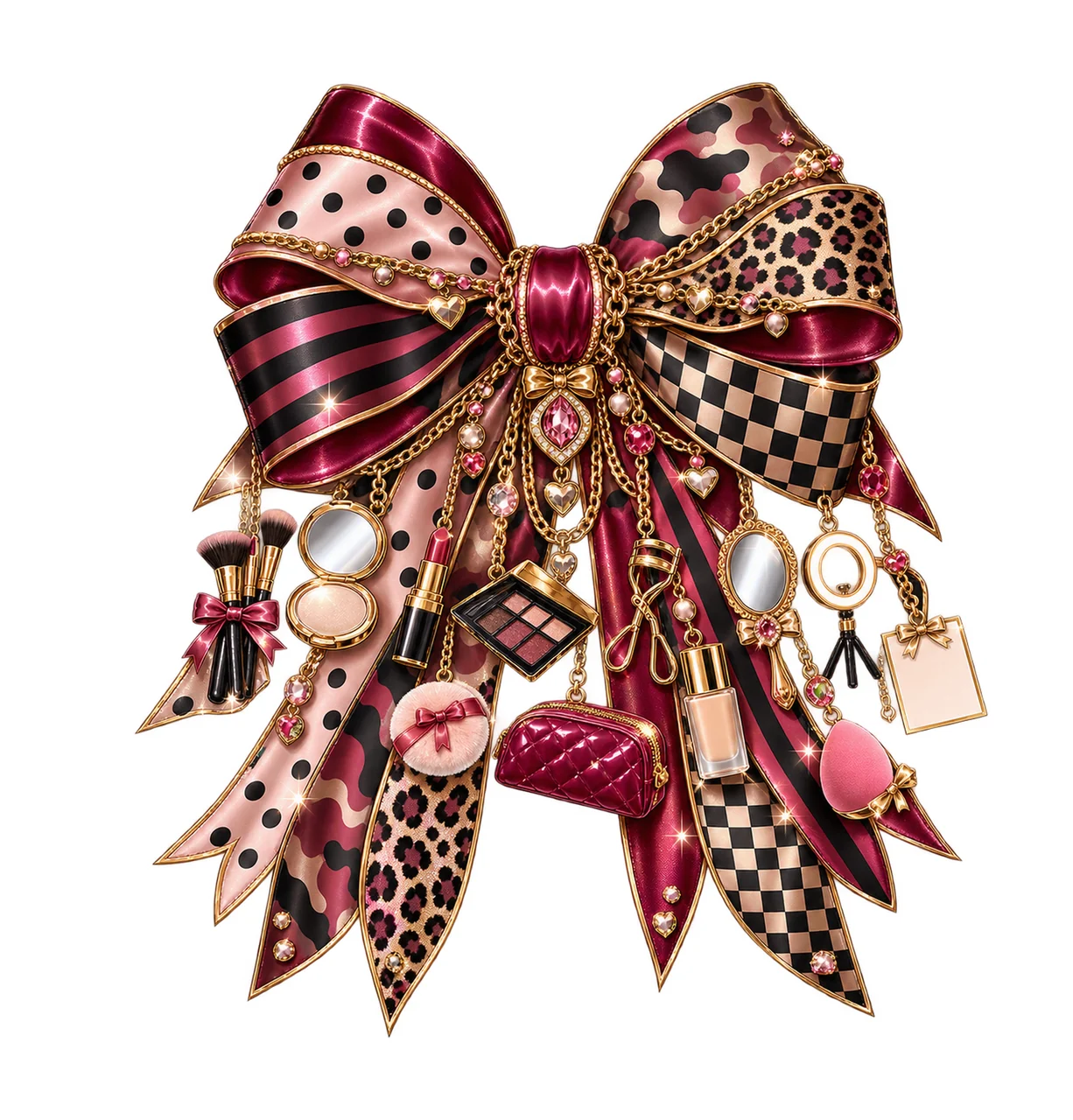 Makeup Artist Bow Charm PNG, Themed Gold Chain Charms, Coquette Ribbon Sublimation Design, Transparent Digital Download