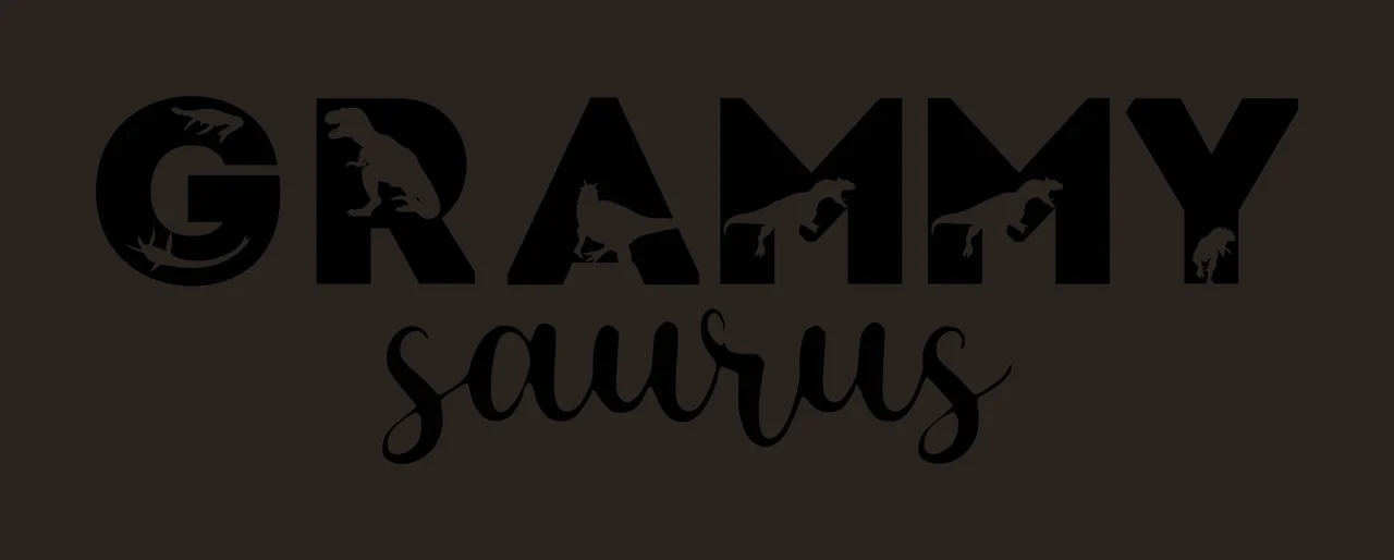GRAMMY saurus Typography Design with GRAMMY text, dinosaur silhouettes, block font and cursive script font in black and white contrast preview thumbnail