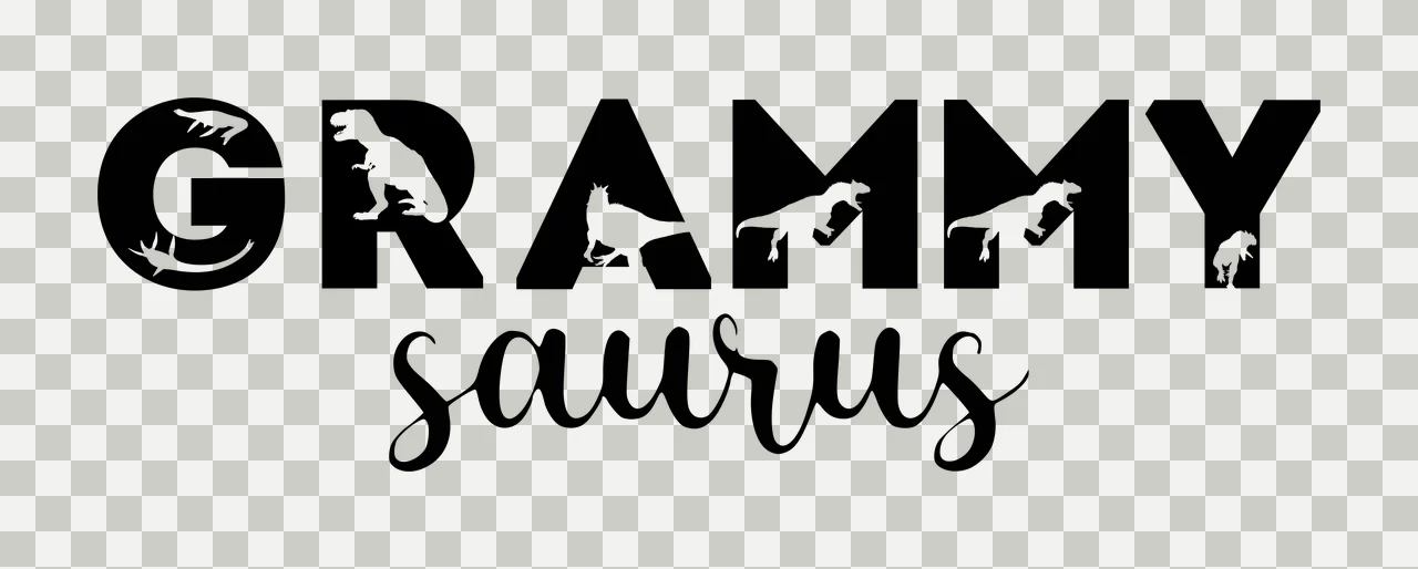 GRAMMY saurus Typography Design with GRAMMY text, dinosaur silhouettes, block font and cursive script font in black and white transparency and detail preview thumbnail