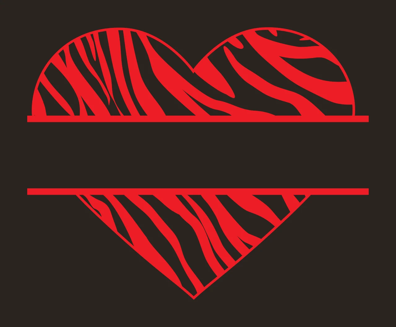 Split heart Illustration with zebra stripe pattern, horizontal bar, monogram frame and animal print in red and white contrast preview thumbnail