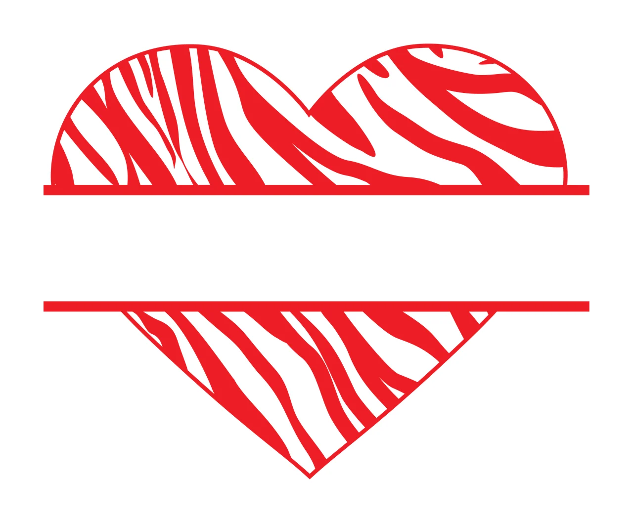 Split heart Illustration with zebra stripe pattern, horizontal bar, monogram frame and animal print in red and white