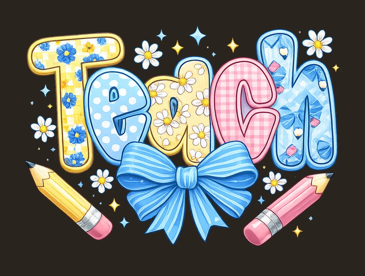 Preppy Teacher Floral Design Pencil Bow Cute Teacher Shirt contrast preview thumbnail