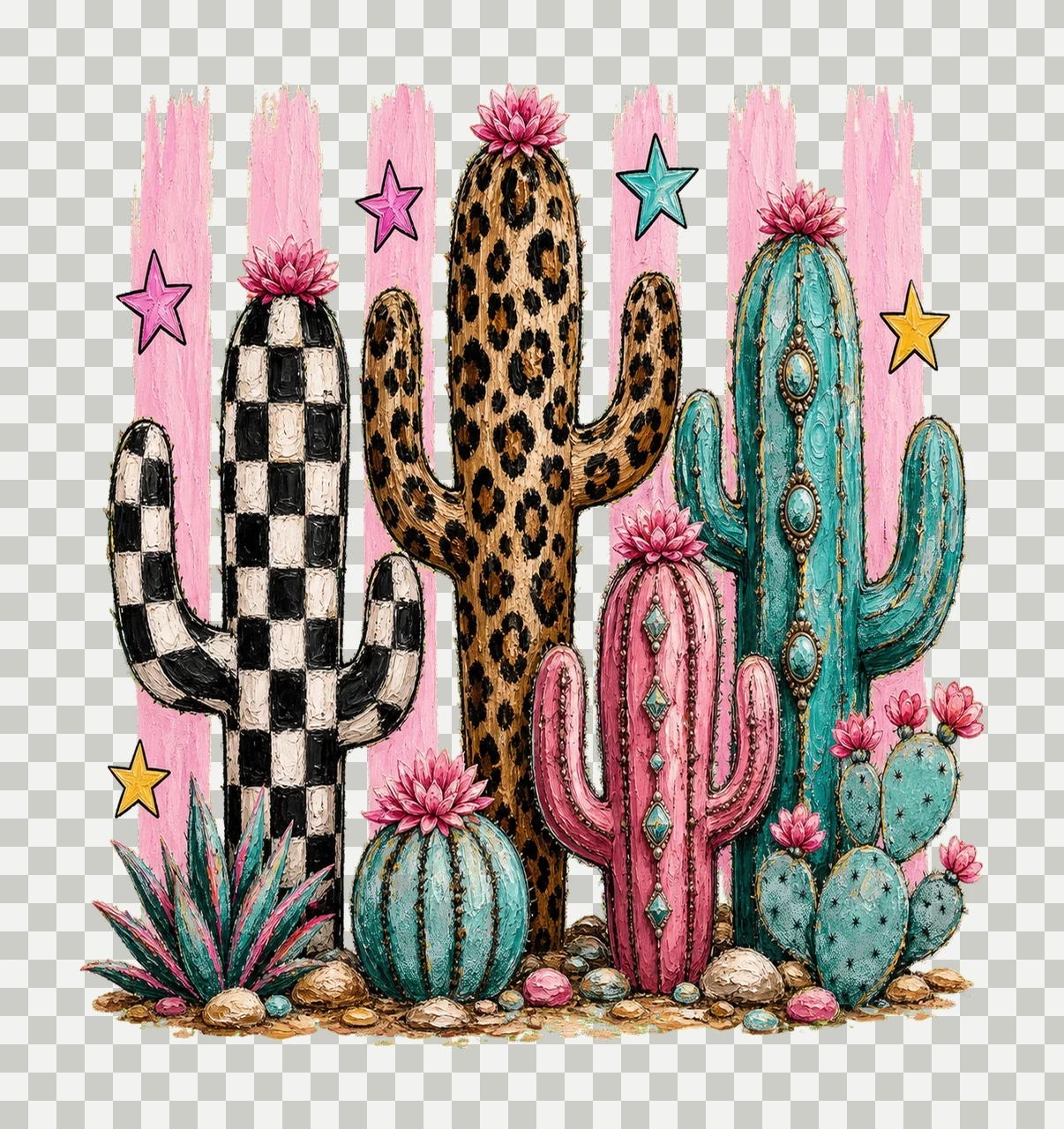 Leopard Checkerboard Western Cactus Faux Oil Variation A transparency and detail preview thumbnail