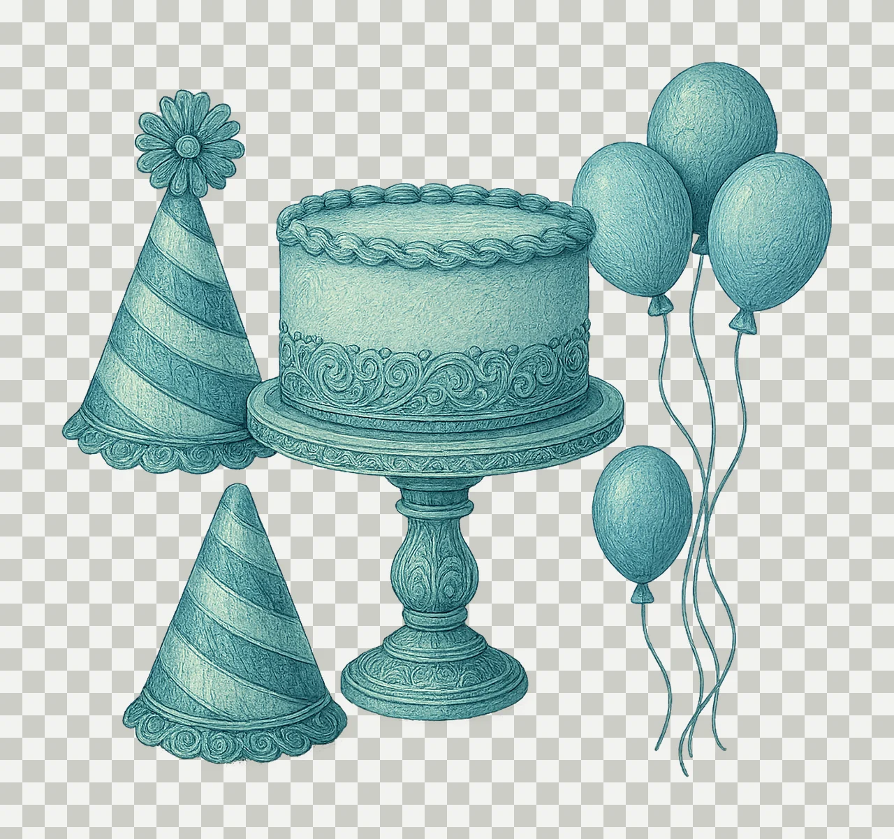 Birthday Boy Blank Cake Balloons Party Hat Hand Drawn transparency and detail preview thumbnail