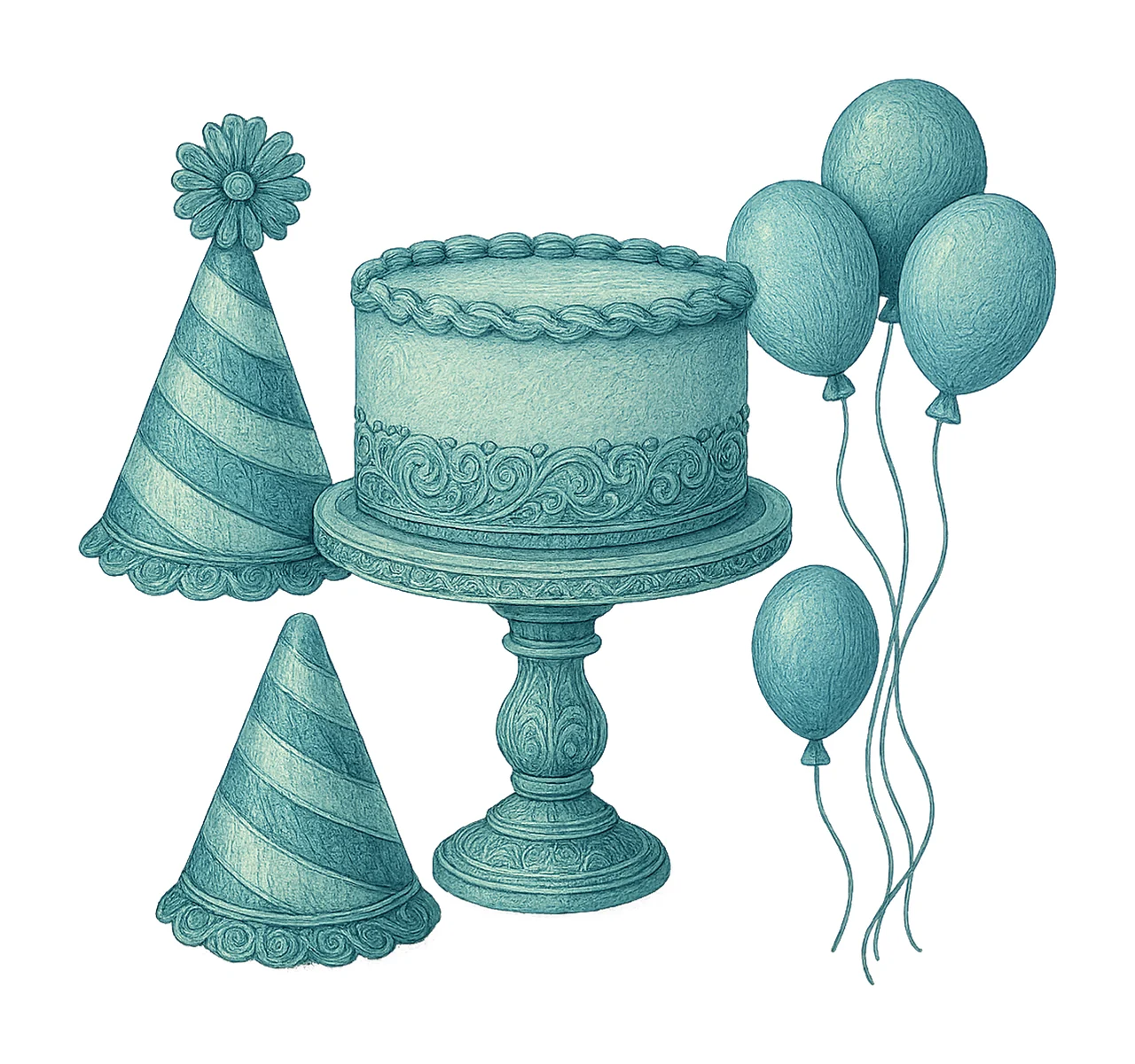 Birthday Boy Blank Cake Balloons Party Hat Hand Drawn
