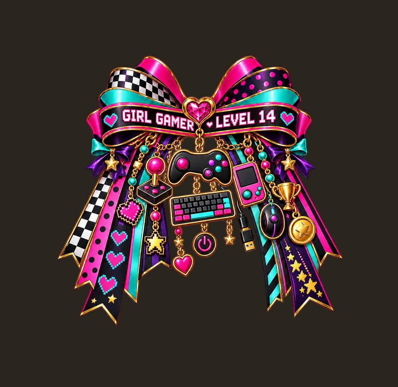 Girl Gamer Level 14 Bow Charm PNG, Patterned Coquette Bow Clipart, Transparent Sublimation Digital Download contrast preview thumbnail