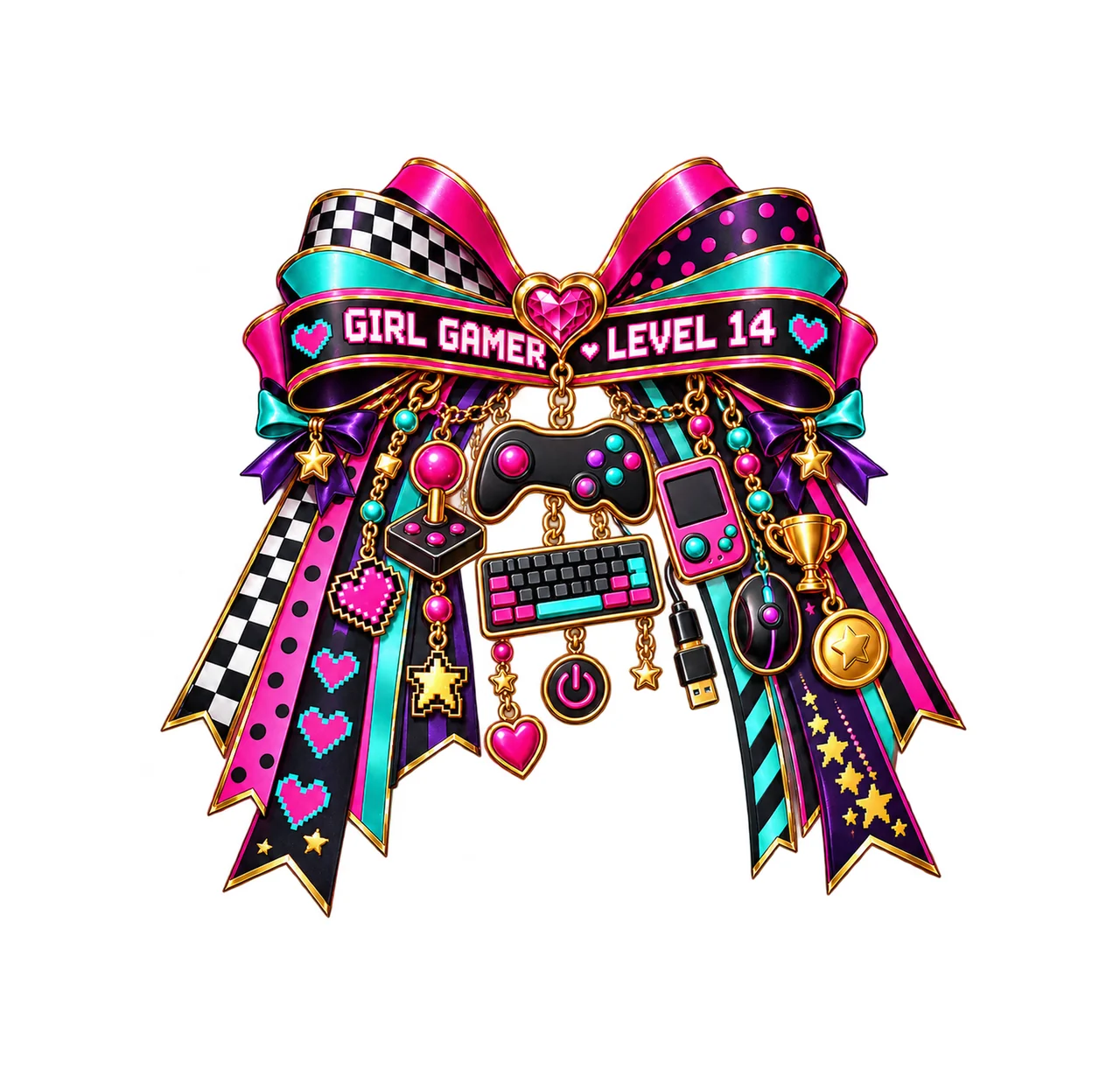 Girl Gamer Level 14 Bow Charm PNG, Patterned Coquette Bow Clipart, Transparent Sublimation Digital Download