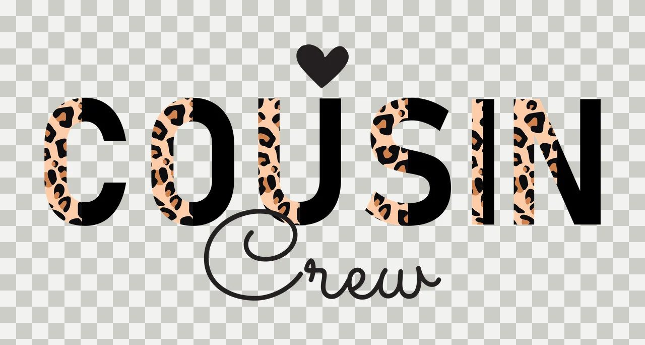 COUSIN Crew Typography Design with black heart, leopard-print letters C O U S I N, cursive 'Crew' and white background in tan and brown transparency and detail preview thumbnail