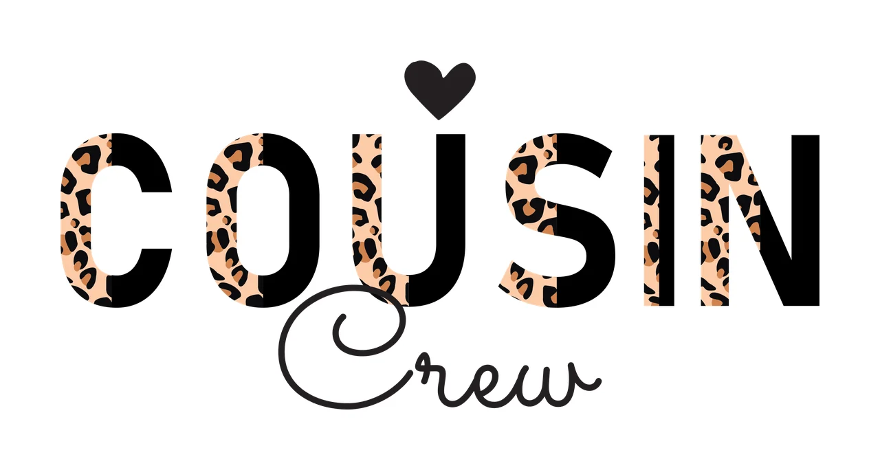 COUSIN Crew Typography Design with black heart, leopard-print letters C O U S I N, cursive 'Crew' and white background in tan and brown