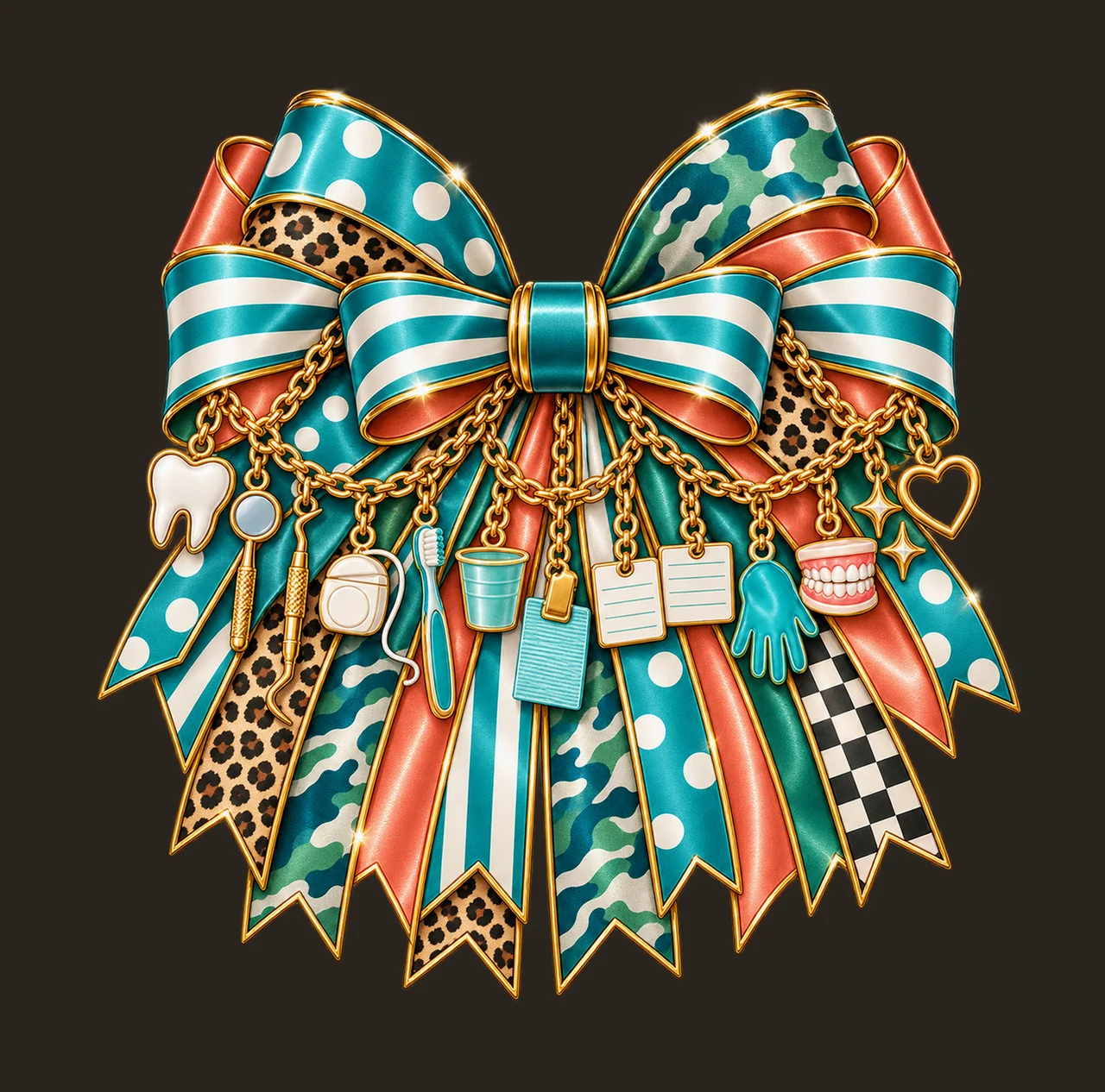 Dental Hygienist Bow Charm PNG, Gold Chain Charms, Transparent Sublimation Design, Digital Download contrast preview thumbnail