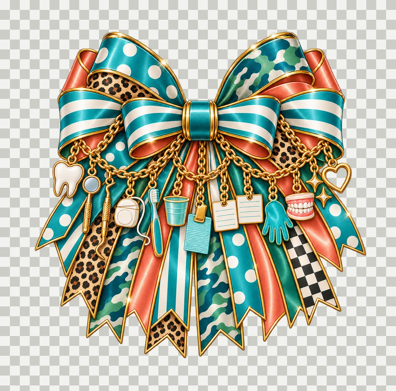Dental Hygienist Bow Charm PNG, Gold Chain Charms, Transparent Sublimation Design, Digital Download transparency and detail preview thumbnail