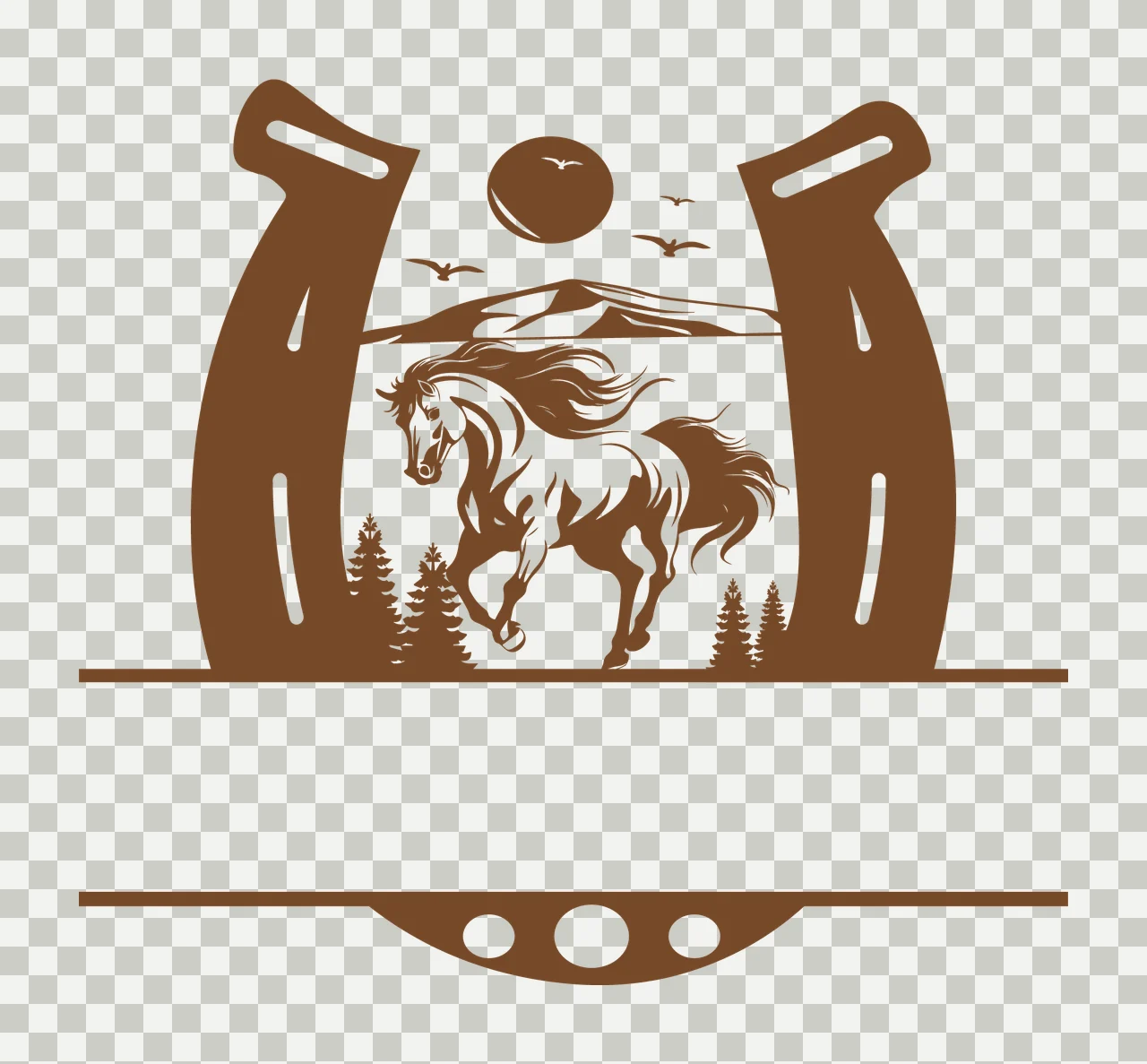 Horse Running In Horseshoe Frame mountains trees sun birds transparency and detail preview thumbnail