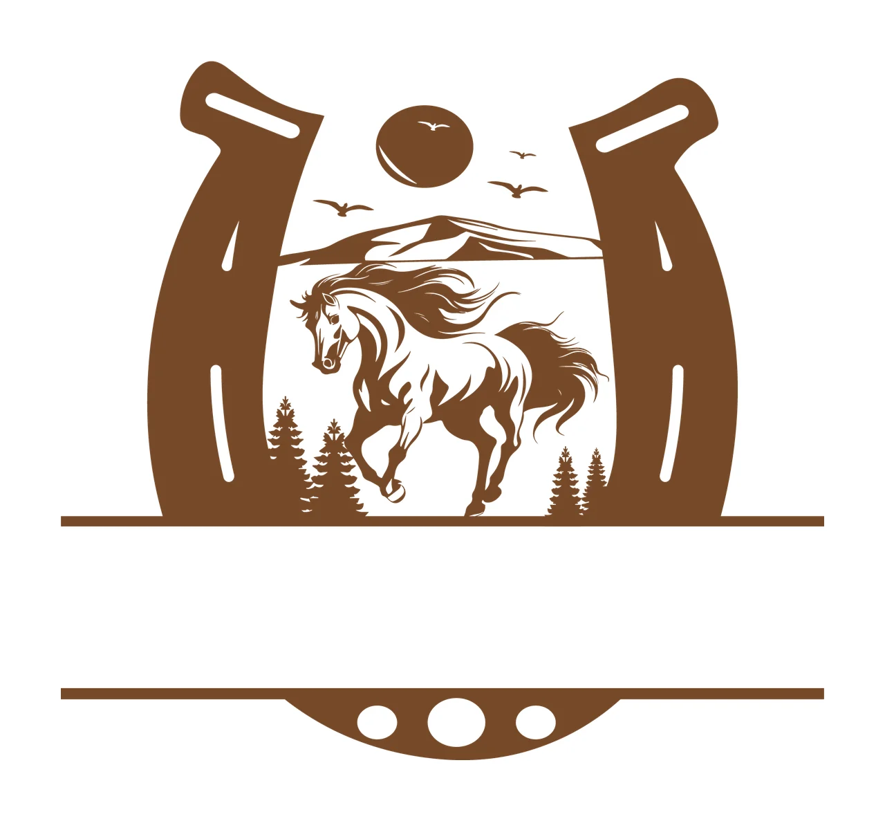 Horse Running In Horseshoe Frame mountains trees sun birds