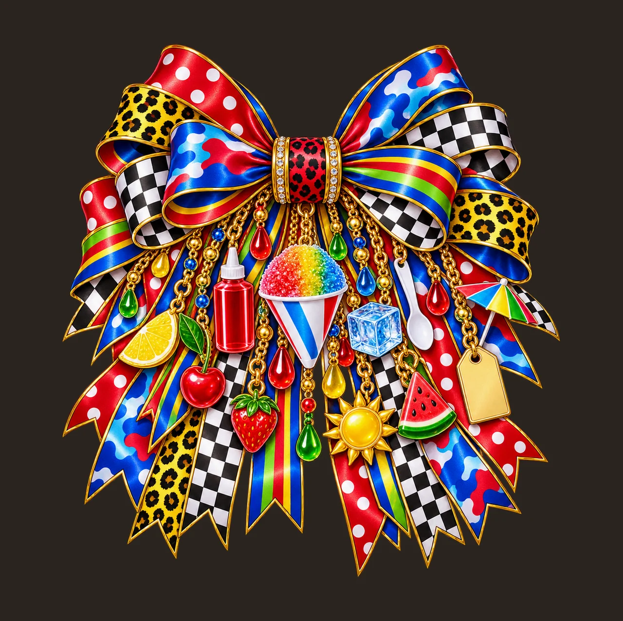 Snow Cone Lover Bow Charm PNG, Gold Chain Charms, Transparent Sublimation Design, Digital Download contrast preview thumbnail