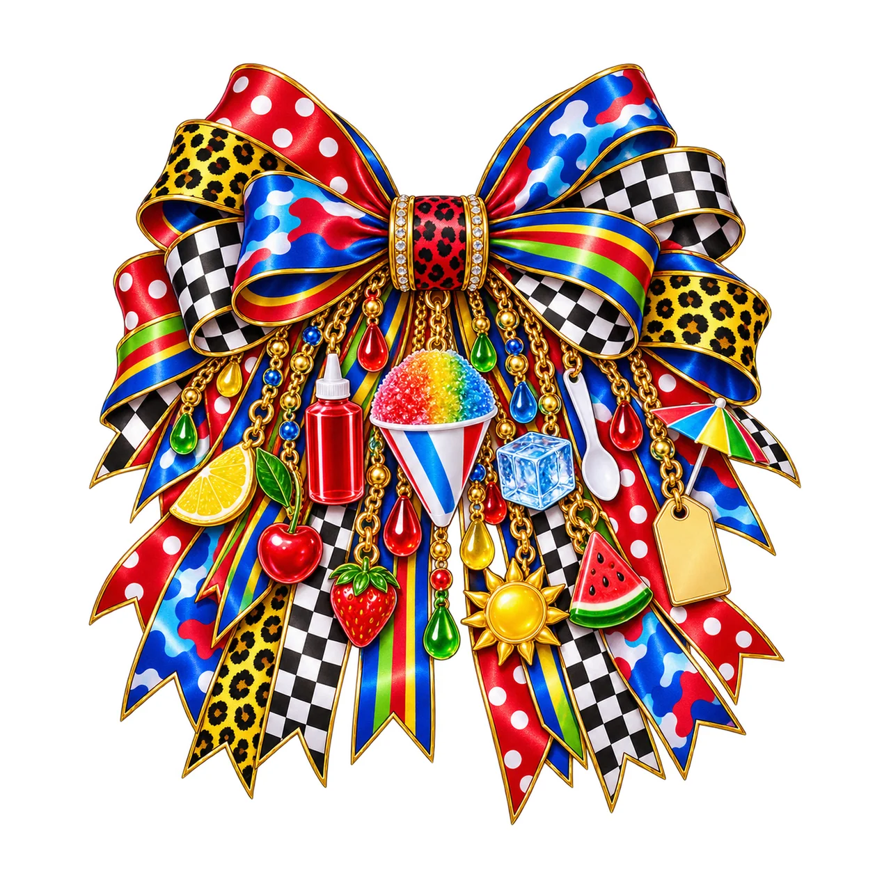 Snow Cone Lover Bow Charm PNG, Gold Chain Charms, Transparent Sublimation Design, Digital Download