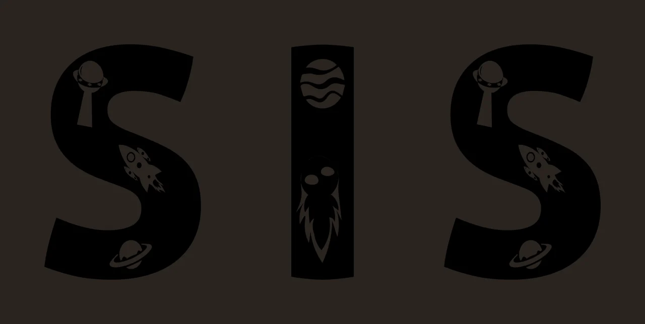 SIS typography with letter S, ufo, rocket ship and ringed planet in black and white contrast preview thumbnail