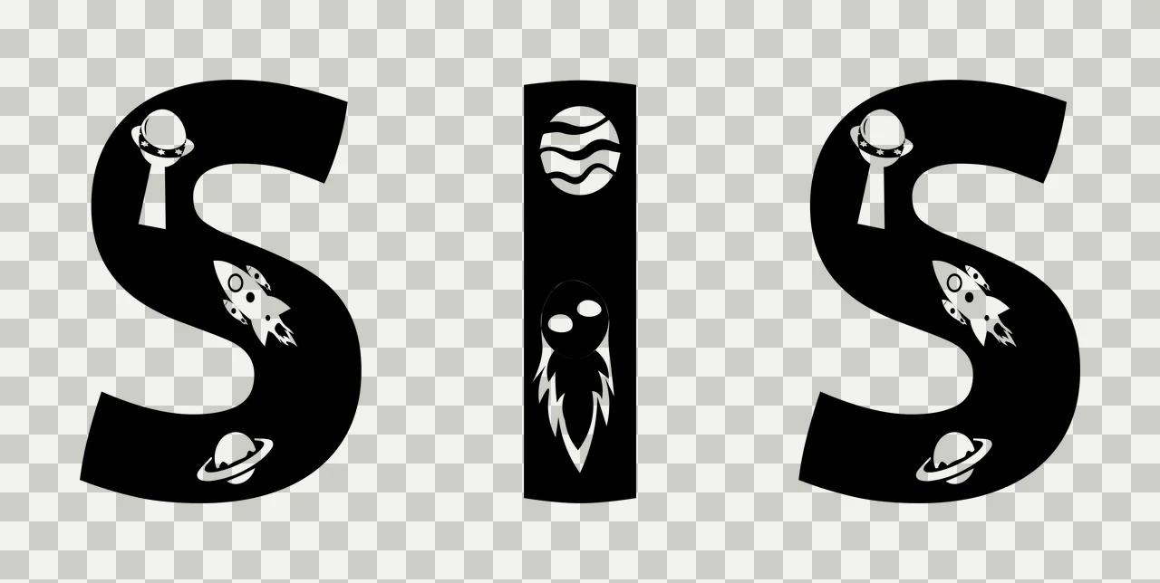 SIS typography with letter S, ufo, rocket ship and ringed planet in black and white transparency and detail preview thumbnail