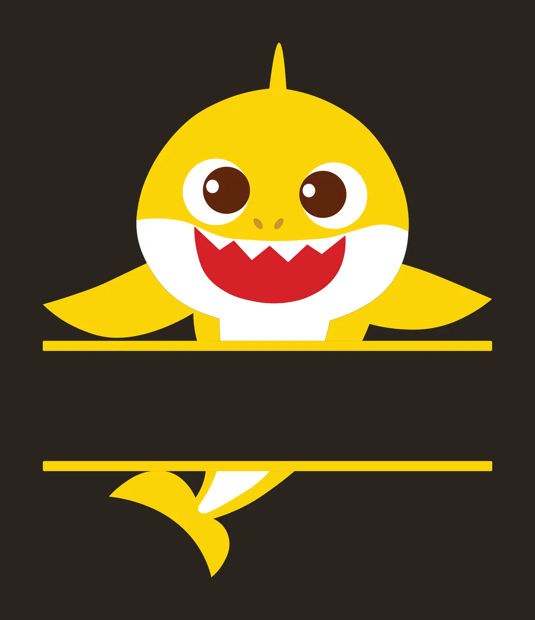 Baby Shark character split by two horizontal lines Illustration with yellow shark head, white belly, red mouth with jagged teeth and brown eyes contrast preview thumbnail