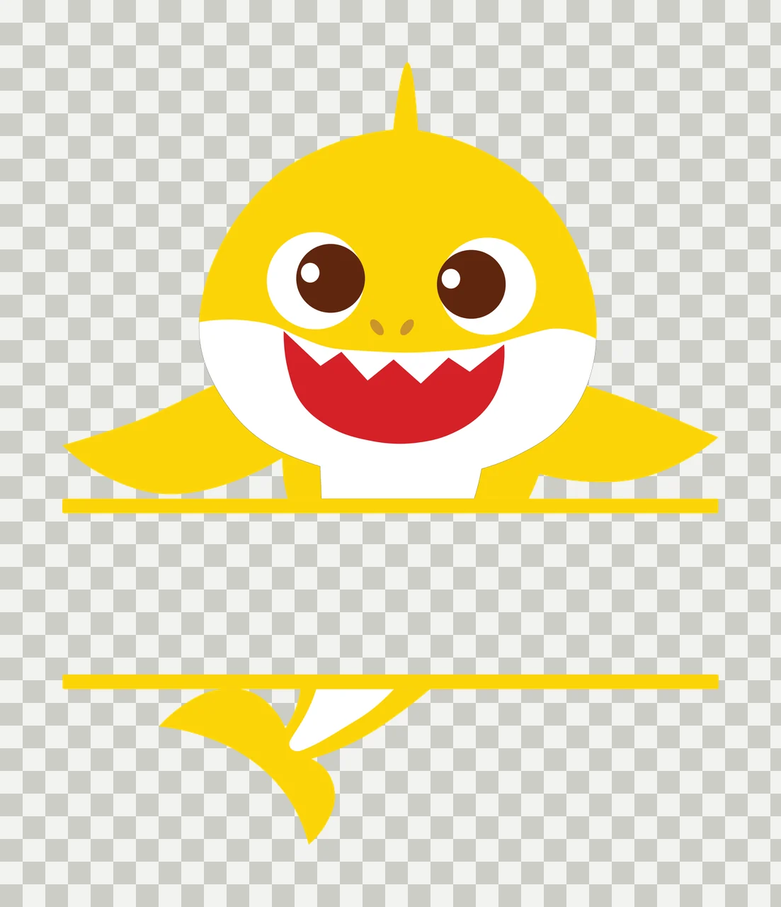Baby Shark character split by two horizontal lines Illustration with yellow shark head, white belly, red mouth with jagged teeth and brown eyes transparency and detail preview thumbnail