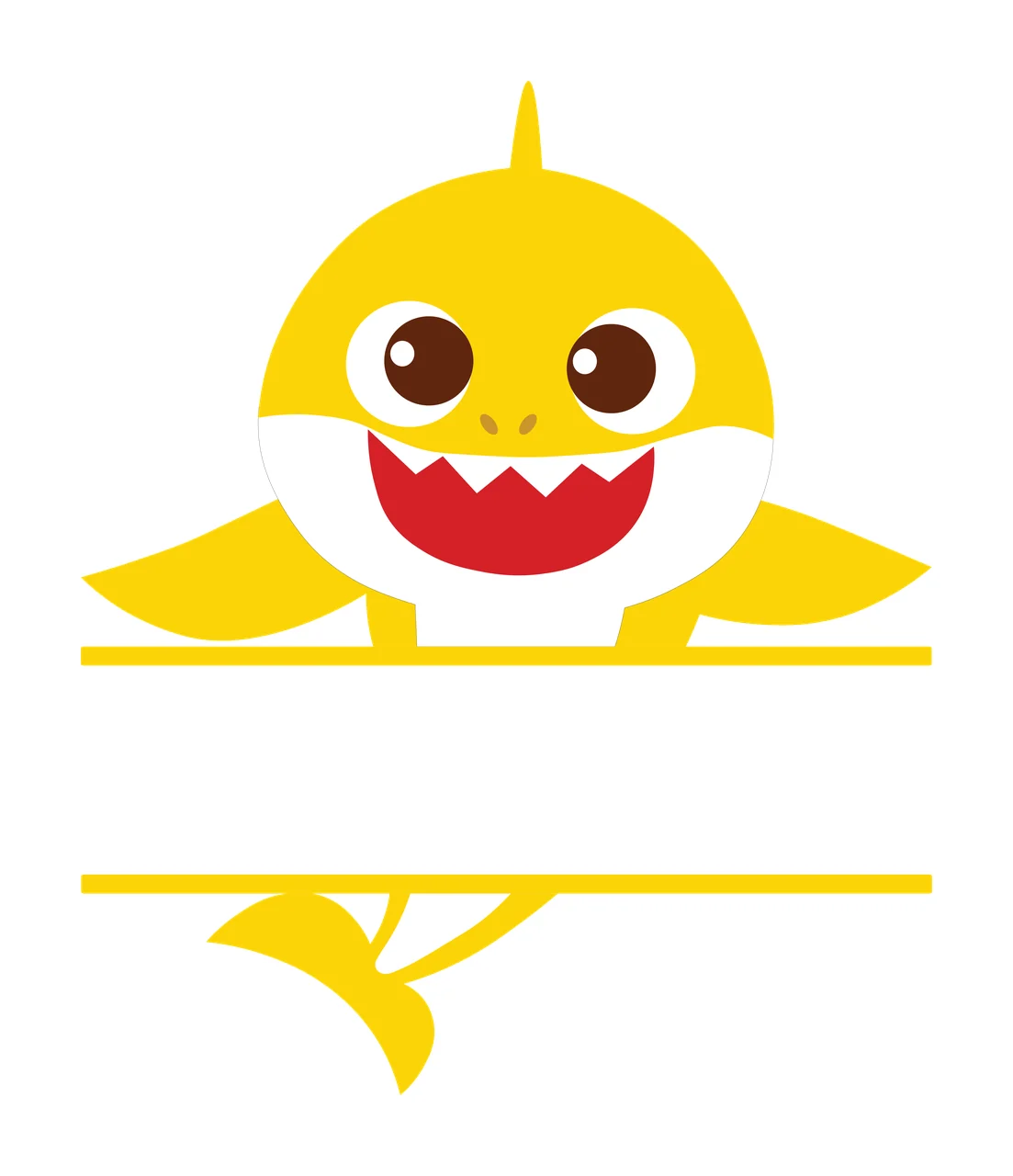 Baby Shark character split by two horizontal lines Illustration with yellow shark head, white belly, red mouth with jagged teeth and brown eyes