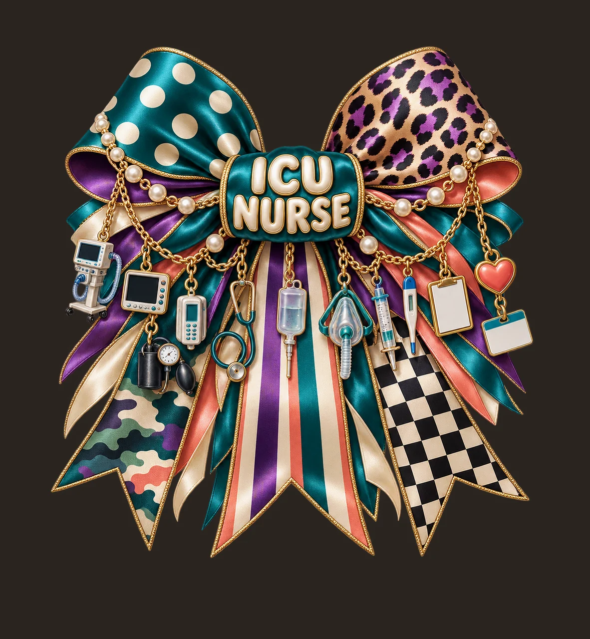 ICU Nurse Bow Charm PNG, Gold Chain Charms, Transparent Sublimation Design, Digital Download contrast preview thumbnail
