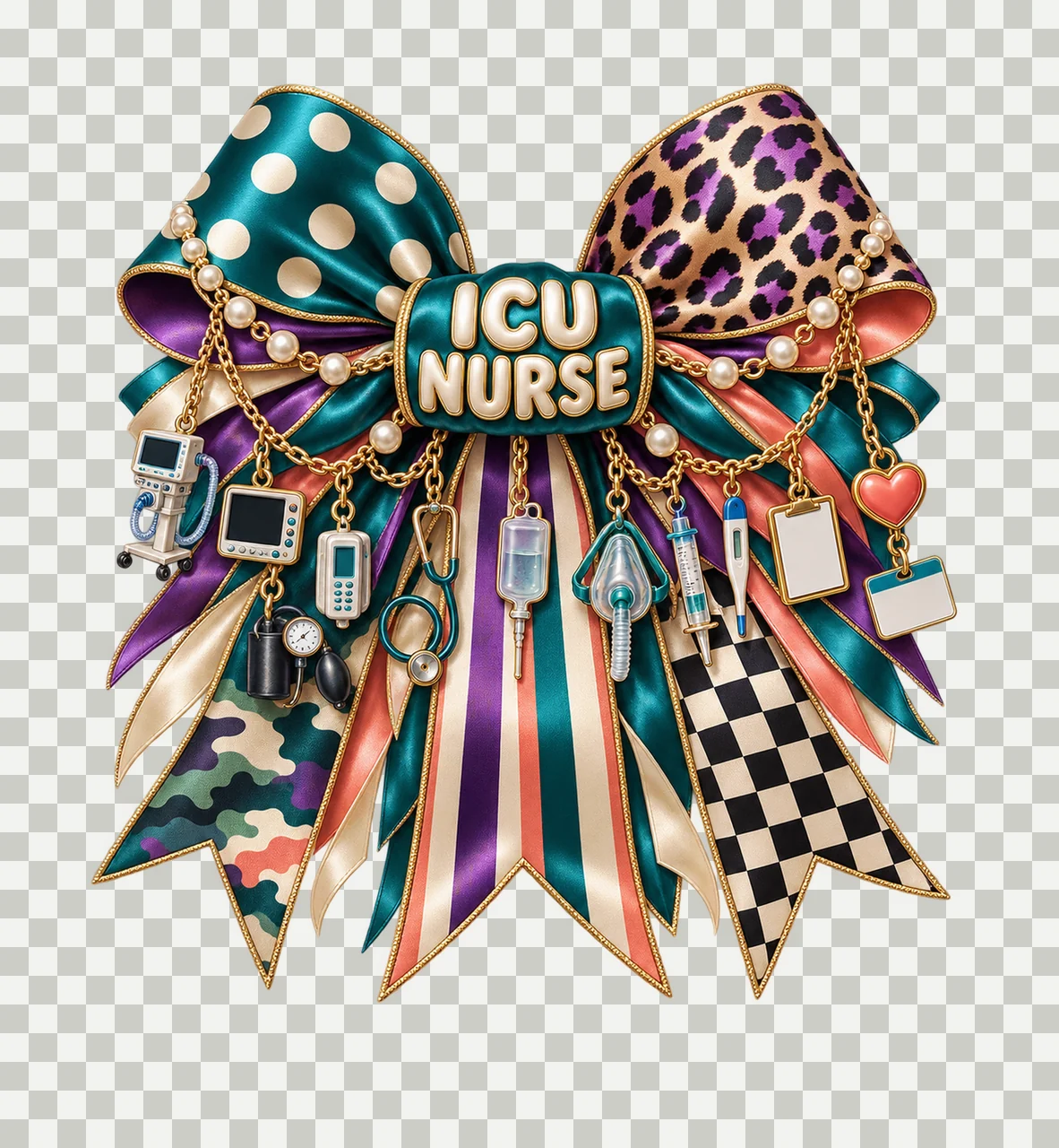 ICU Nurse Bow Charm PNG, Gold Chain Charms, Transparent Sublimation Design, Digital Download transparency and detail preview thumbnail