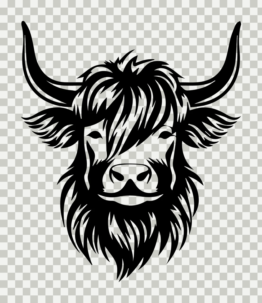 Bull Head With Horns Looking forward fur black Plain animal transparency and detail preview thumbnail