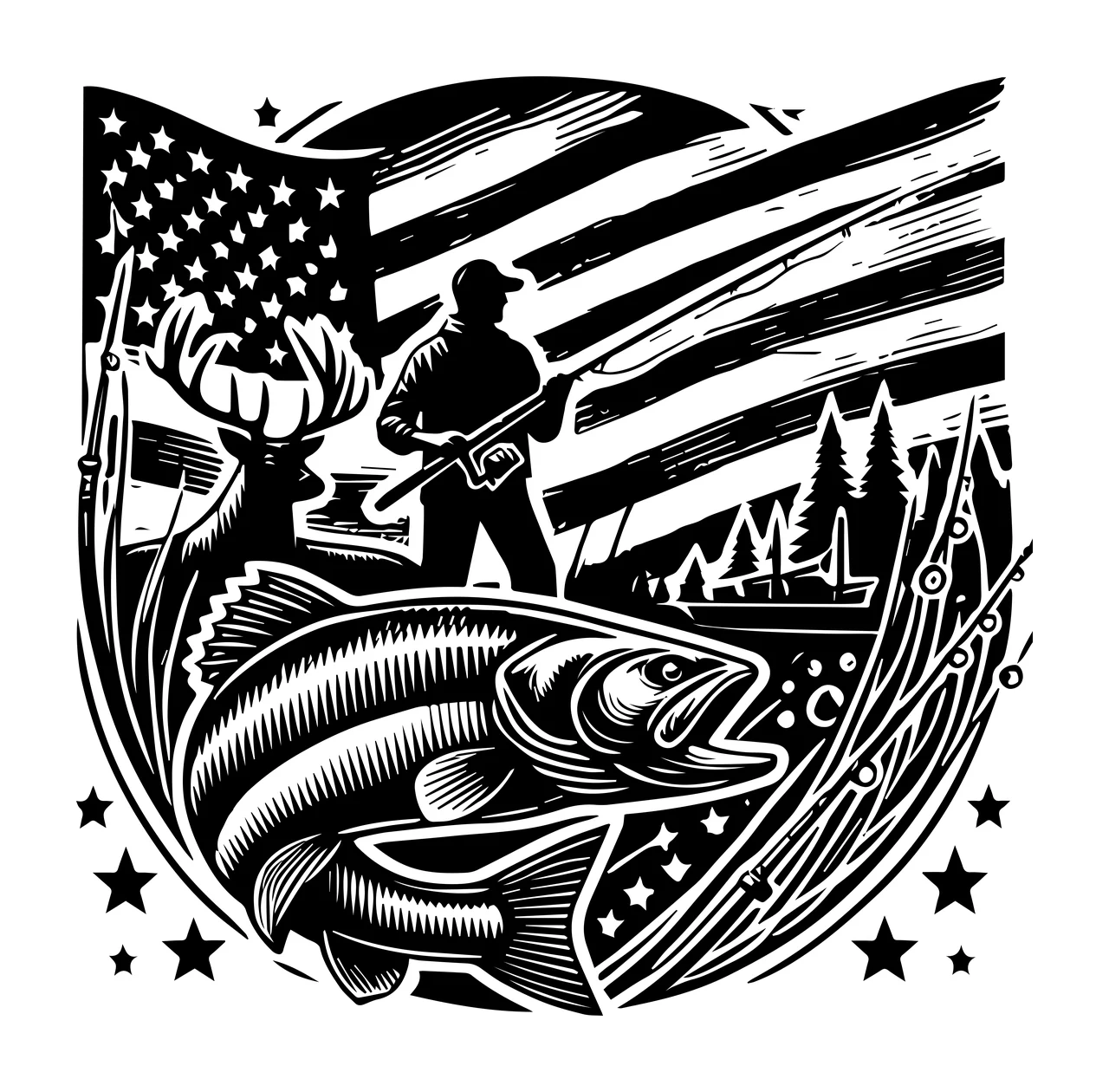 Fishing Fisherman And Fish With American Flag rod stars black white