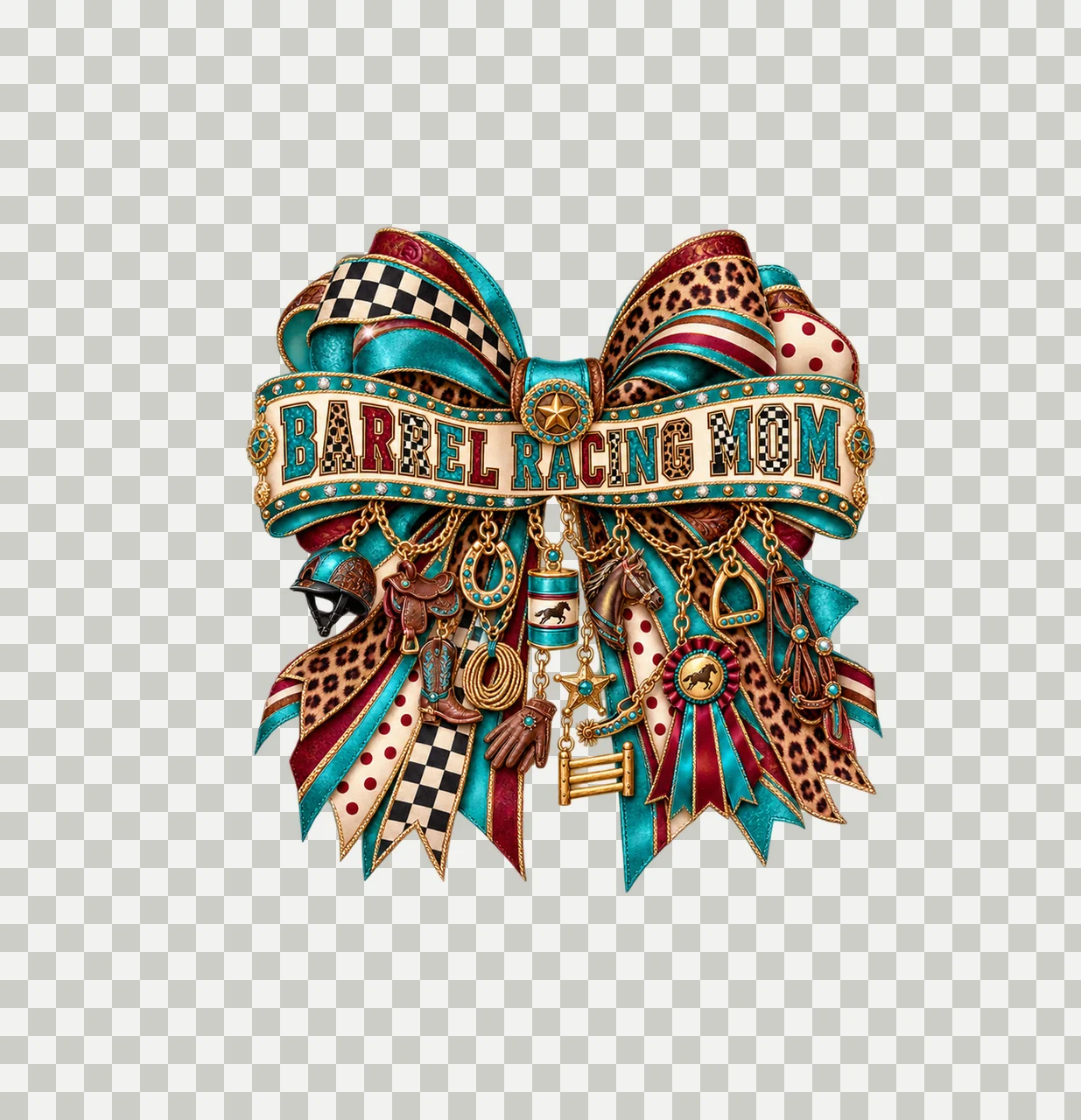 Barrel Racing Mom Bow Charm PNG, Patterned Varsity Mom Ribbon Clipart, Transparent Sublimation Digital Download transparency and detail preview thumbnail