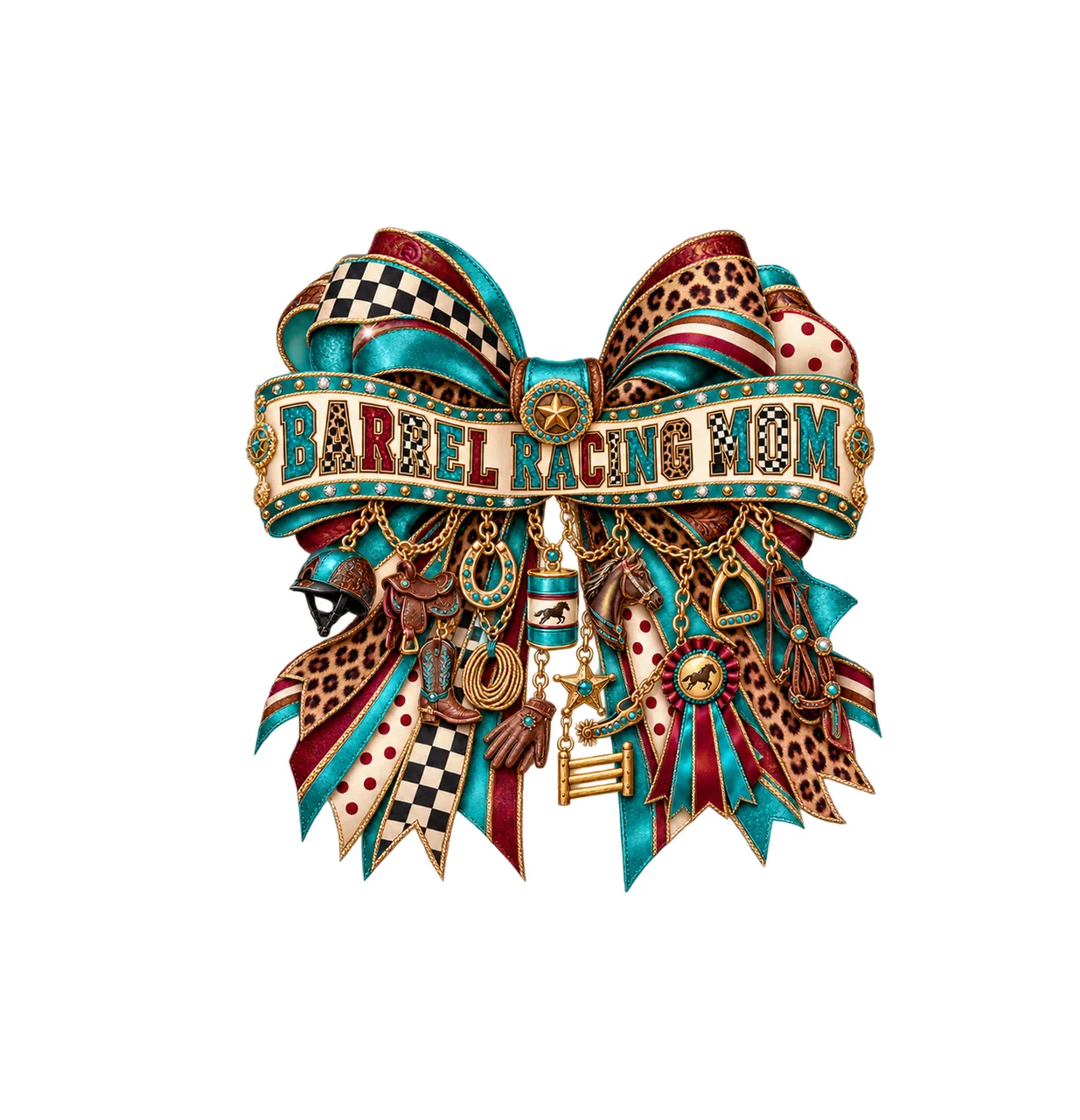 Barrel Racing Mom Bow Charm PNG, Patterned Varsity Mom Ribbon Clipart, Transparent Sublimation Digital Download